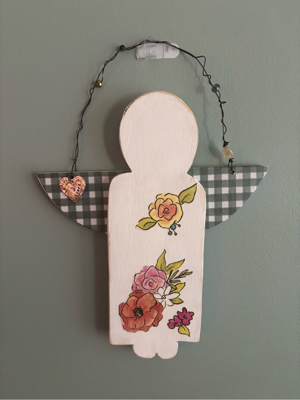Hand-Painted Floral Wood Angel Wall Hanging | 10" x 14" Rustic Gingham Folk Art